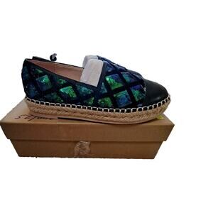 Jijixi Espadrille Green Black sequin slip on flats 240 US 7.5 St. Patrick Day